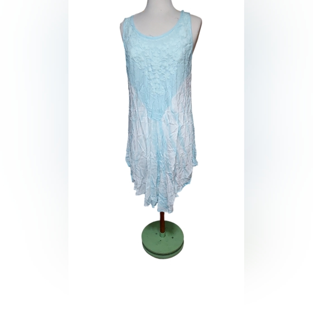 Shoreline Dress OS Midi Hankerchief Hem High Low Pullon Blue White Tiedy…